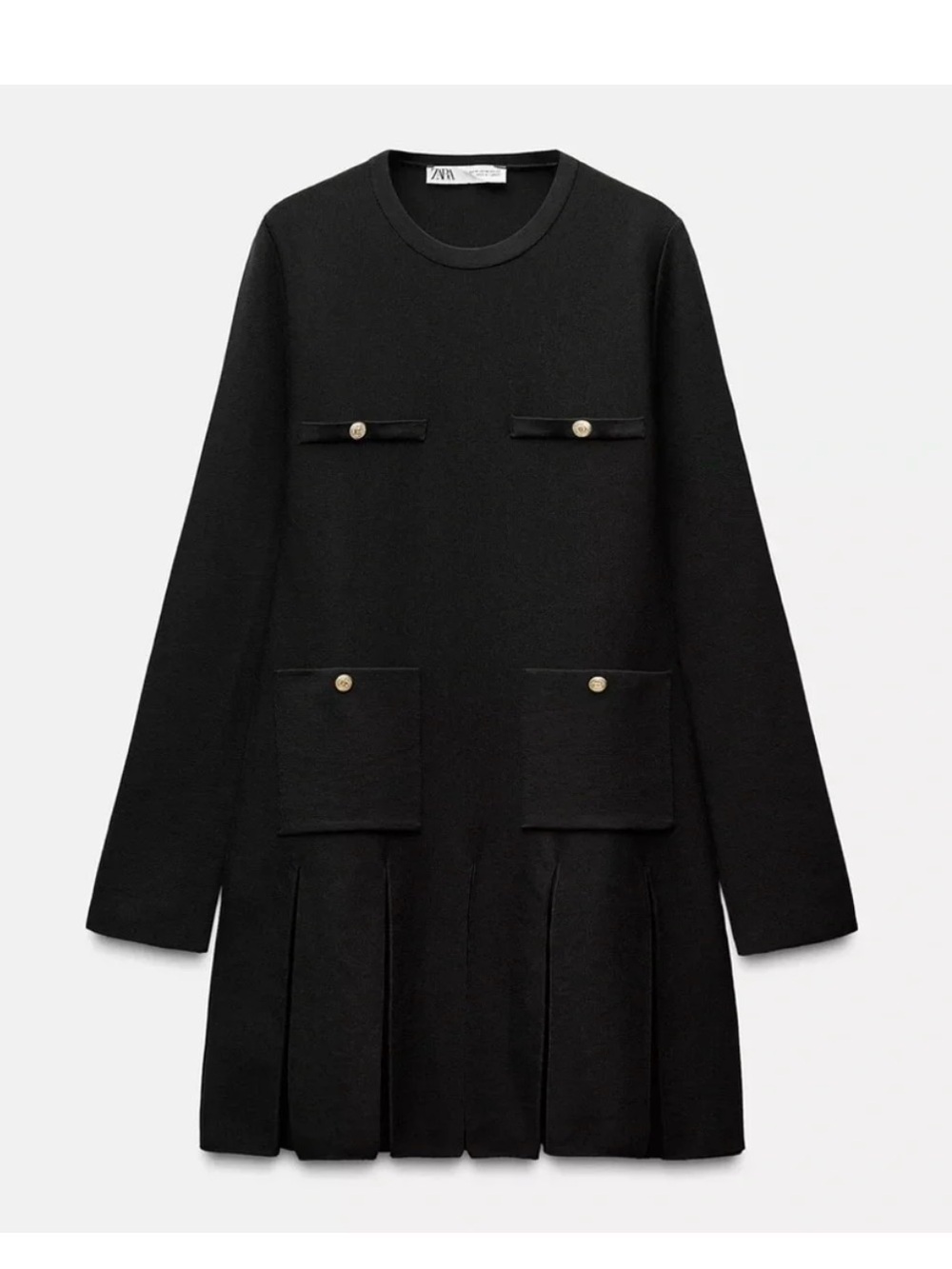 Zara Women Black Long Sleeve Pleated Mini Dress Gold Button Detail Small